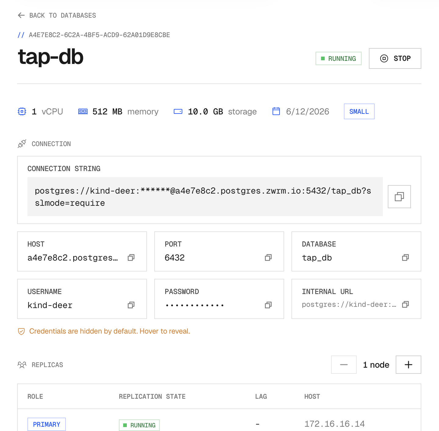 zwrm dashboard showing a managed Postgres database with connection details, credentials, and replicas