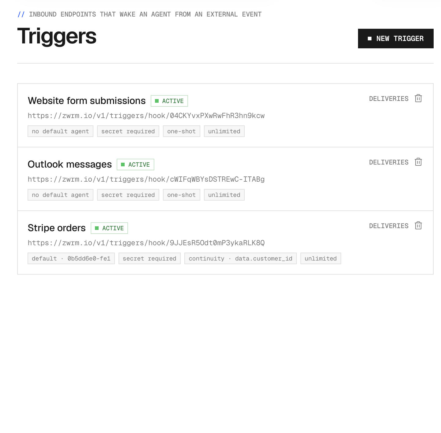 zwrm triggers list with inbound webhook endpoints for form submissions, Outlook messages, and Stripe orders